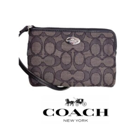 Coach Signature Jacquard Logo Black Wristlet - Picture 1 of 4